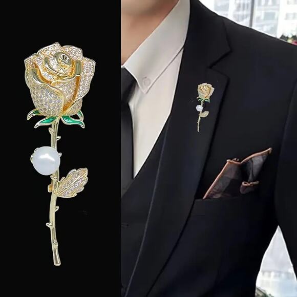 Brooch‎ Rhinestone Gold-Tone Rose with Green Leaves Luxury - Picture 6 of 8